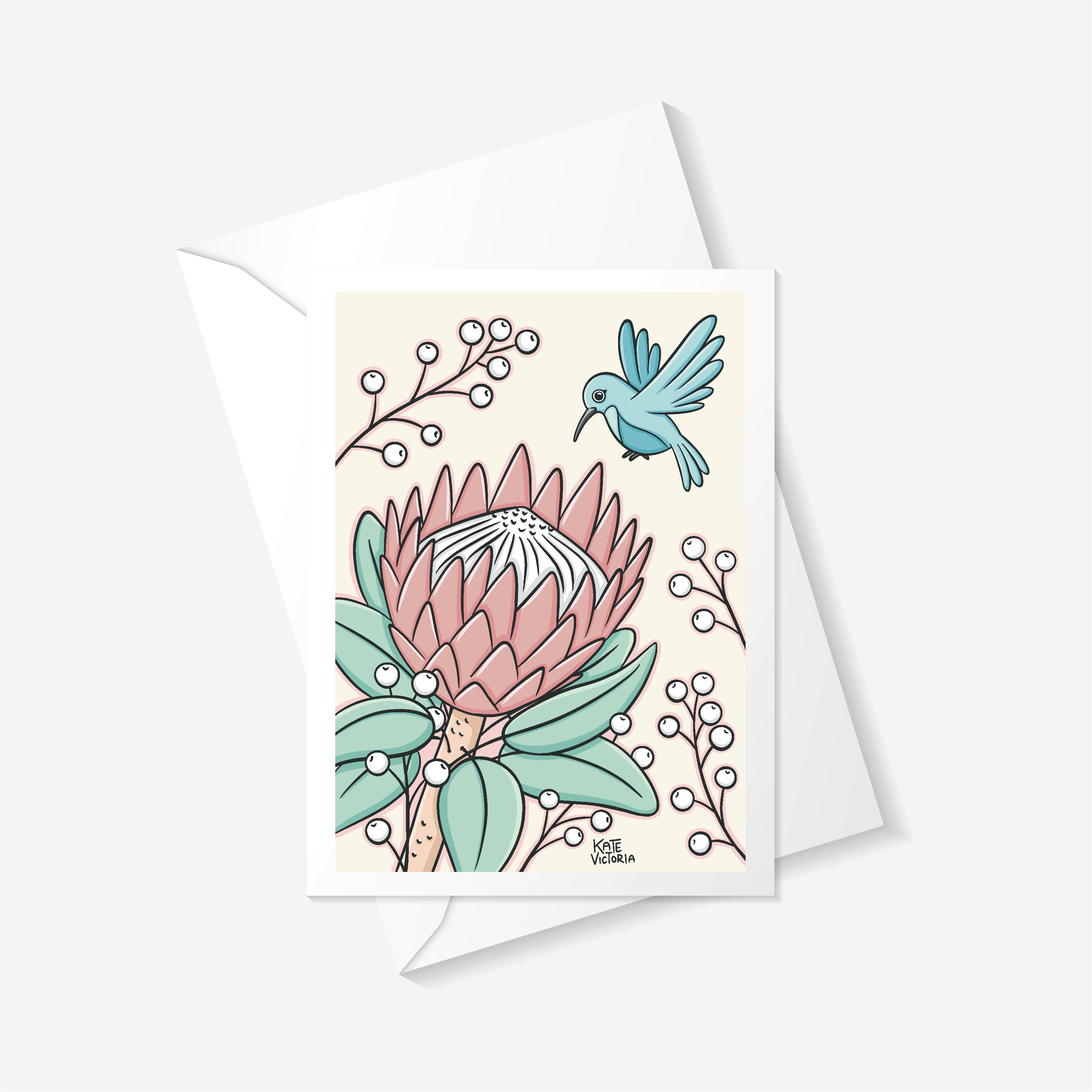 Protea & Sunbird Greeting Card – Kate Victoria Creative